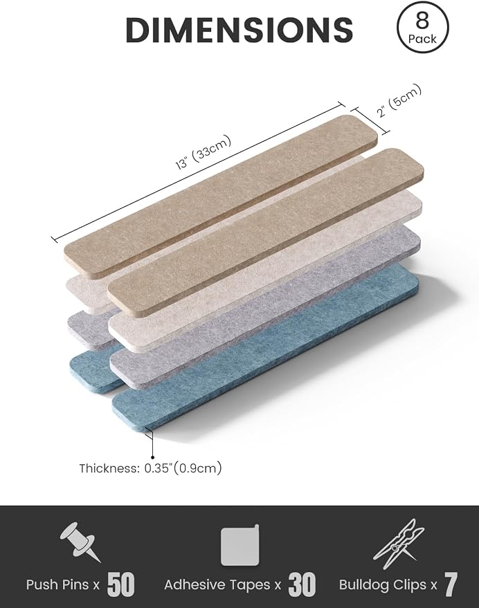 Fluxynara 13" x 2" Felt Wall Panels, Coastal | 8-Pack Includes 50 Push Pins and Adhesive Tabs for Photos, Notes and Decor in Bedroom Doors, Home Office or Studios
