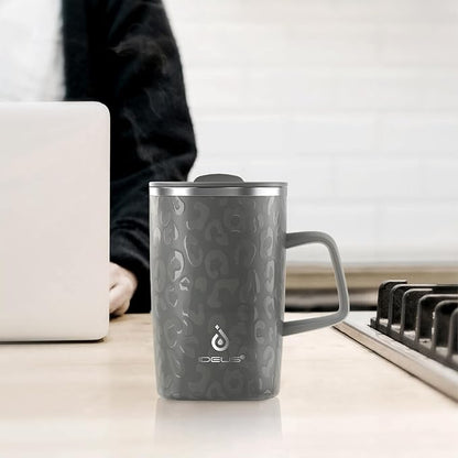 Ideus 16 oz Insulated Stainless Steel Coffee Mug with Lid, Leopard Gray | Perfect for home, office, or daily use| Easy to clean wide mouth| Sweat-proof| On the go