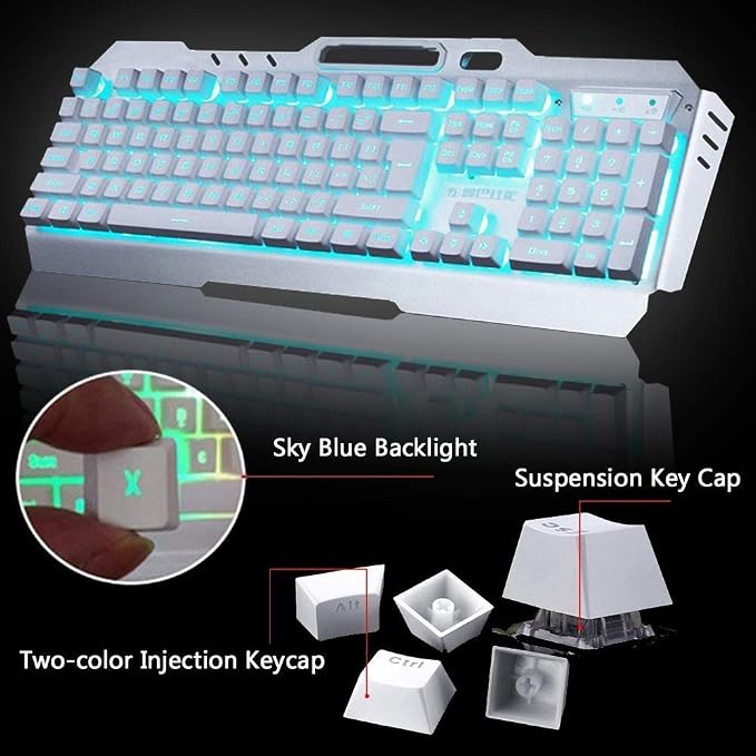 Wireless Keyboard and Mouse, Blue LED Backlit Rechargeable Keyboard with 3800mAh Battery, Metal Panel, Removable Hand Rest Mechanical Feel, 7 Color Gaming Mute Mouse for PC Gamers
