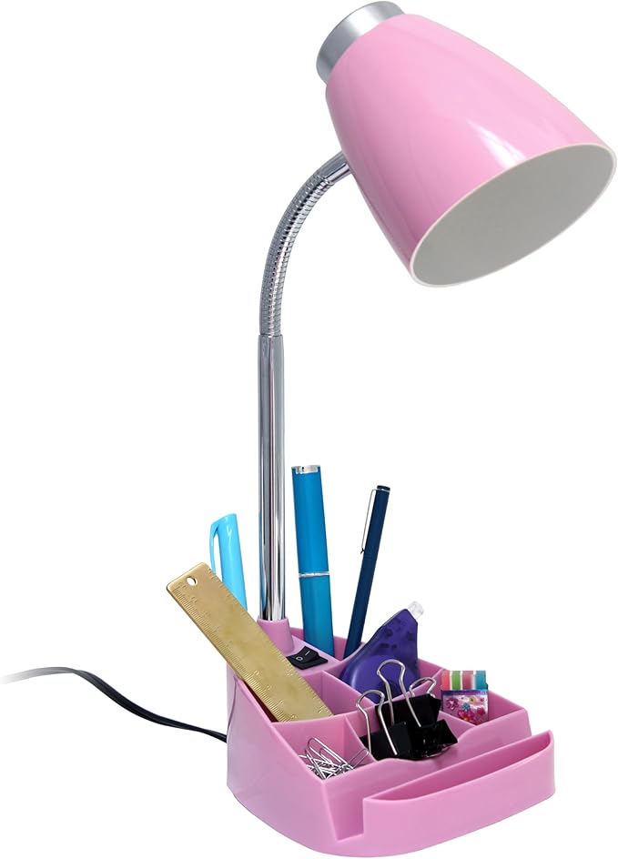 Simple Designs LD1002-PNK Gooseneck Organizer Desk Lamp with iPad Tablet Stand Book Holder, Pink