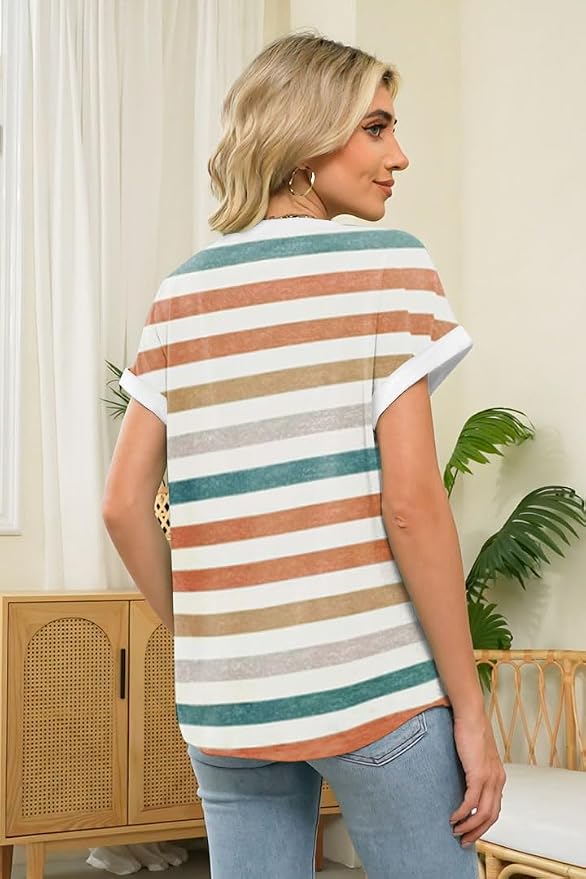 Womens Henley Summer Tops V Neck Button Dressy Casual T Shirts Blouses | Breathable, V-Neck Button, Striped, Loose Fit, Business Casual, Office, Vacation, Spring Summer Tops, Basic Shirts