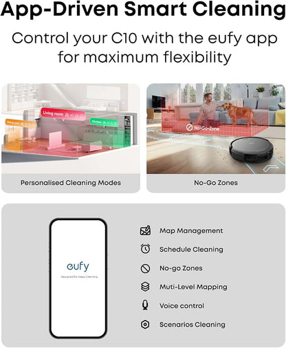 eufy C10 Robot Vacuum Self Emptying, 8 Weeks Hands Free, 2.85-Inch Slim | Advanced Smart Mapping with LiDAR Navigation, Powerful Suction, Edge Expansion Brush for Pet Hair, Carpet Detection