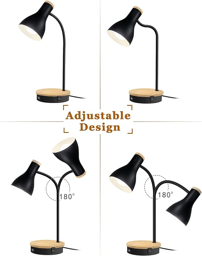 Metal Desk Lamp Wireless Charging Table Lamp Touch Reading Lights Arc Desk Lamps for Bedroom, 3 Way Dimmable Bedside Lamp with USB Charging Ports, Reading Lamp for Study Room and Office (Black-02)