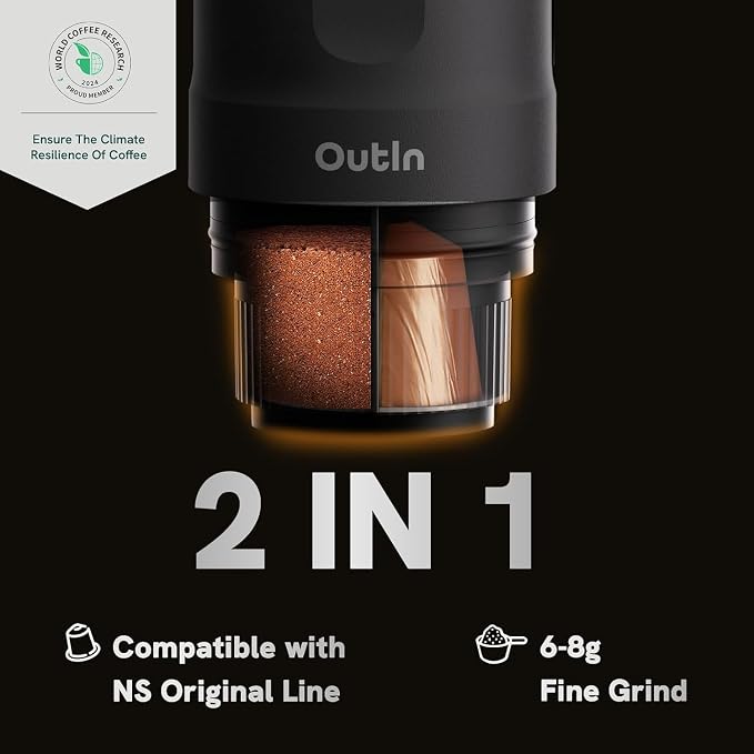 OutIn Nano Portable Electric Espresso Machine, Travel Coffee Maker | Self-Heating USB-C Car Coffee Maker for Ground Coffee & NS Capsules, Ideal for Camping, RV, Hiking and Office, Space Gray