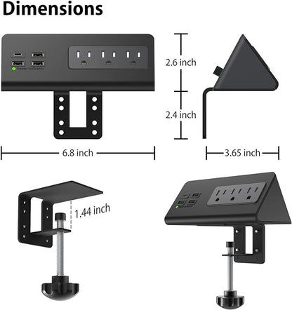 Nightstand Edge Mount Power Strip with USB-C Ports Tabletop Surge Protector Desk Clamp Power Sockets with 3 AC Outlets &4 Fast Charging USB Ports for Home Office Hotel and Dormitory