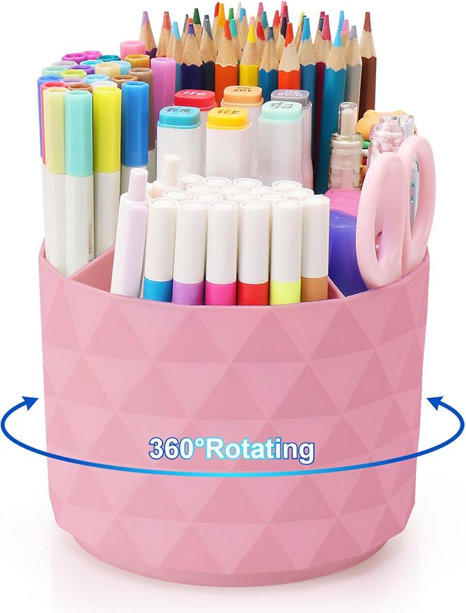 Desk Organizer, 360-Degree Rotating Pencil Pen Holders For Desk, Diamond Pattern Pen Organizer With 5 Compartments, Cute Desk Accessories Decor For Office, School,Home,Art Supply (Pink)