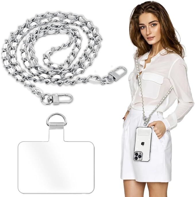 Phone Crossbody Chain Cell Phone Lanyard,Leather+Metal Shouder Strap Universal Cellphone Chain Strap with Tether Patches Compatible with Most Phones Bag Purse Silver+White