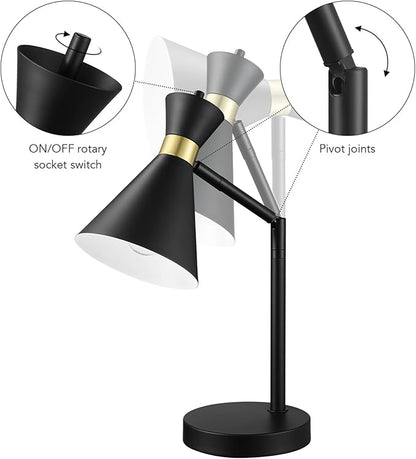 Globe Electric 61000056 16" Desk Lamp, Matte Black Finish, Matte Brass Accents, Pivot Joint, On/Off Rotary Switch on Socket, E26 Base Bulb, Lamp for Living Room, Home Office, Home Improvement