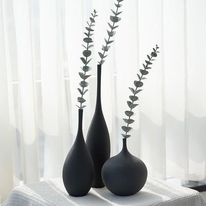 Relexome Black Ceramic Vase Modern Boho Wabi-Sabi Flower Vase Set of 3 Decorative Aesthetic Vases for Centerpieces Matte Minimalist Vases for Living Room Table Shelf Home Decor Gift