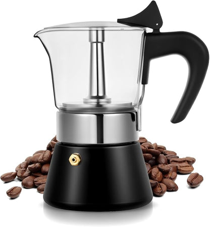 4 Cup 200ml Glass Moka Pot, Stovetop Espresso Maker, Black | Crystal Glass-top & Stainless Steel Coffee Maker, Induction Compatible, for Greca de Cafe, Cuban and Italian Coffee Brewing