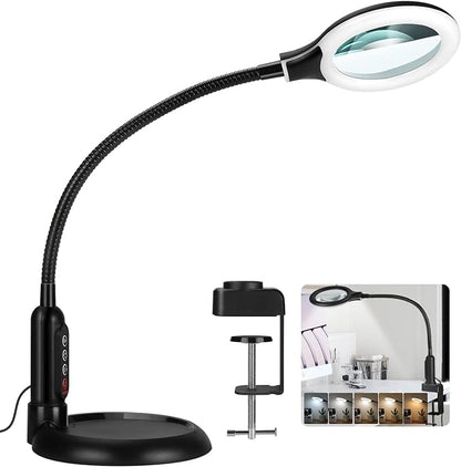 8X Magnifying Glass with Light and Clamp, 5 Color Modes Stepless Dimmable Lighted Magnifier with Stand, Flexible Gooseneck LED Desk Lamp Hands Free for Craft Reading Painting Hobby Close Work