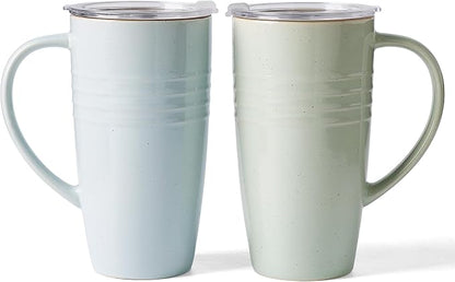 famiware Jupiter Large Coffee Mug, 20oz Coffee Mug with Lid, Ceramic Mugs Set of 2, Cup Set with Handle for Latte, Tea, Cocoa, Milk, Microwave and Dishwasher Safe, Light Blue and Light Green