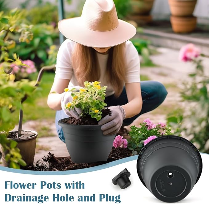 3 Pack 11 Inch Plant Pots with Drainage Hole and Plug, Durable Plastic Flower Pots for Indoor & Outdoor Plants, Elegant Mordern Plant Pots Perfect for Herbs, Flowers & Succulents, Gray