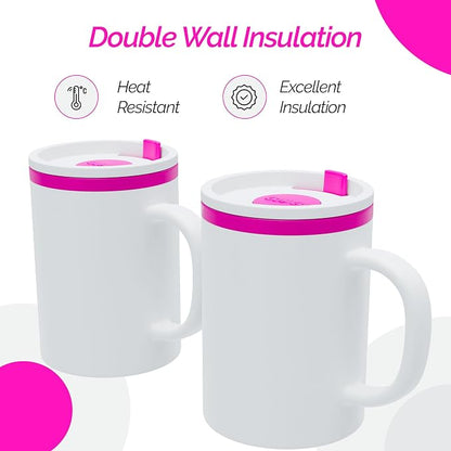 Copco Iconic Desk Mug with Lid & Handle, 16 Oz - Pink, Set of 2 | Double-Wall Insulated Reusable Coffee Mug, Spill-Resistant Slide, Wide Mouth for Hot & Cold Drinks, Office & Travel Cup
