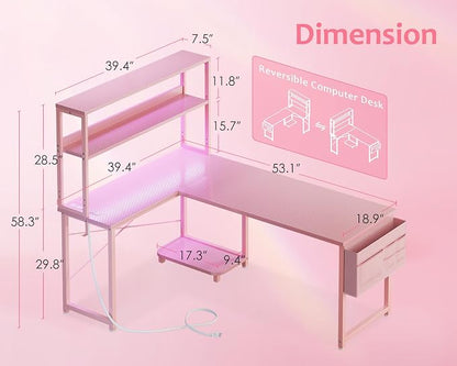 ODK 53" L Shaped Gaming Desk with Shelves, LED & Outlets, Pink | Headset hook. Storage bag. Shelves for makeup & gaming gear. LED for late-night gaming. Reversible. Fits dual monitors.