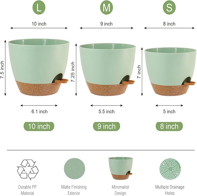 10/9/8 inch Self Watering Pots, Set of 3 Plastic Planters with Mesh Drainage Holes and Deep Reservoir for Indoor Outdoor Garden Plants and Flowers, Green with Brown