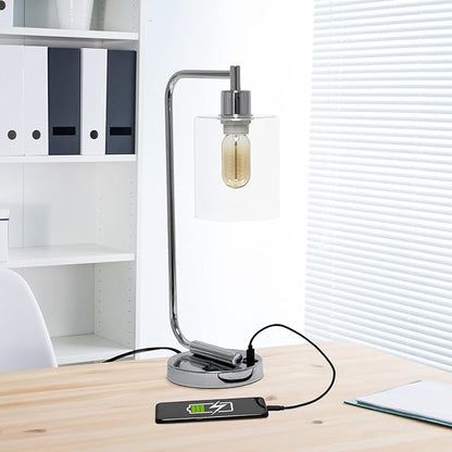 Simple Designs LD1066-CHR Bronson Antique Style Industrial Iron Lantern Desk Bedside Table Lamp with Dual 2 USB Charging Ports and Glass Shade, Chrome