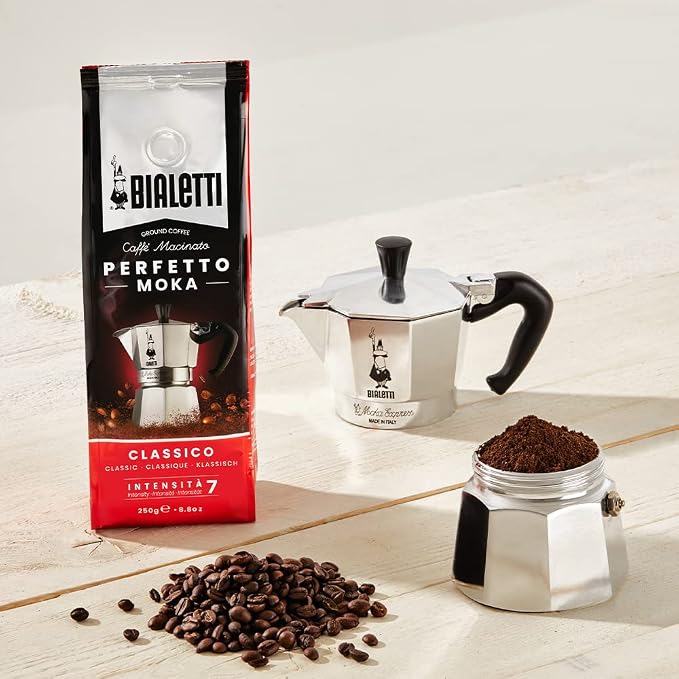 Bialetti 3 Cup Moka Pot and Ground Coffee Bundle 8.8 oz Bag - Italian Medium Roast Rich Barista Style Grounds with a Small Stovetop Espresso Maker Home Brewing Café Kitchen Appliance for Daily Use