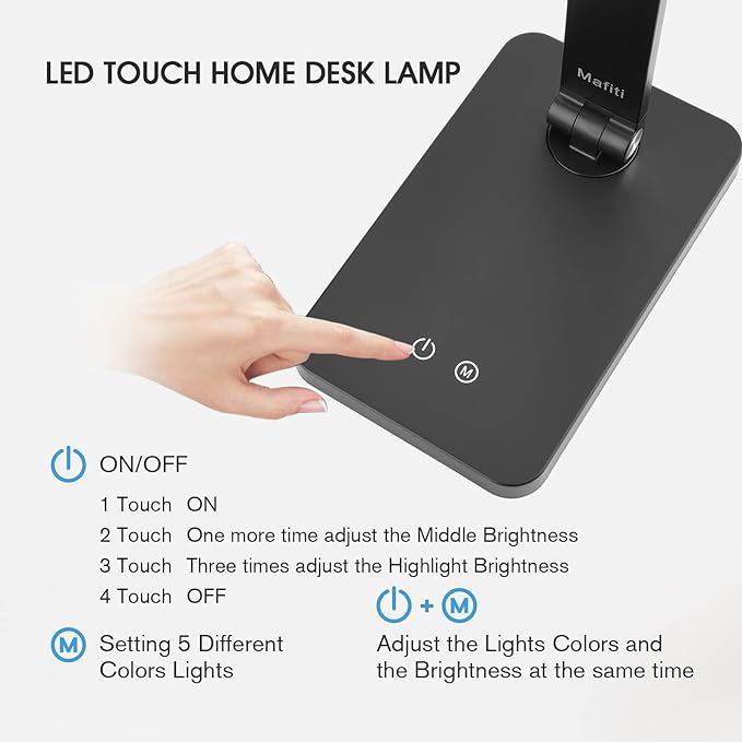 mafiti LED Desk Lamp for Home Office,Touch Desk Light 5 Light Modes 3 Brightness,Foldable Table Lamp with Adjustable Arm,Eye-Caring Lamp with USB Port, Bedside Lamp for working Reading Study,Black
