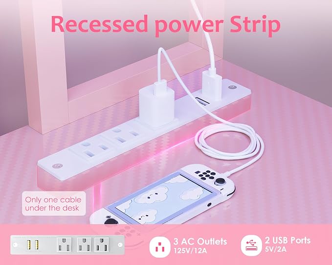 ODK 53" L Shaped Gaming Desk with Shelves, LED & Outlets, Pink | Headset hook. Storage bag. Shelves for makeup & gaming gear. LED for late-night gaming. Reversible. Fits dual monitors.