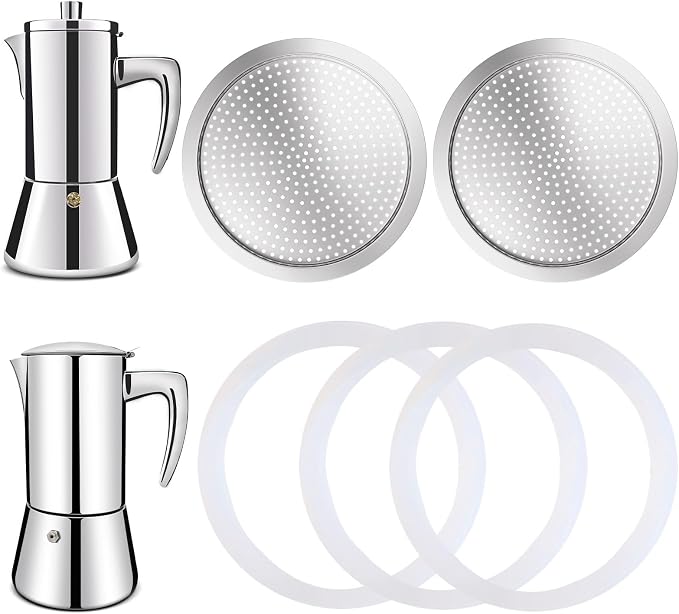 2 Pcs Filter with 3 Pcs Silicone Gasket Seals for 6 Cup Stovetop Espresso Coffee Maker Replacement Parts for 304 Stainless Steel Moka Pot