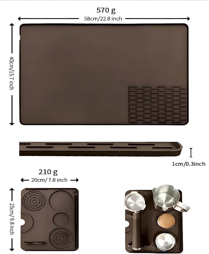 Silicone Coffee Mat, 23"x17" Bar Mat for Countertops Coffee Maker Espresso Machine, 2 in1 Coffee Maker Mat for Kitchen Counter, Anti-Slip, Heat Resistant Drip Pad for Dinner Plates, Brown