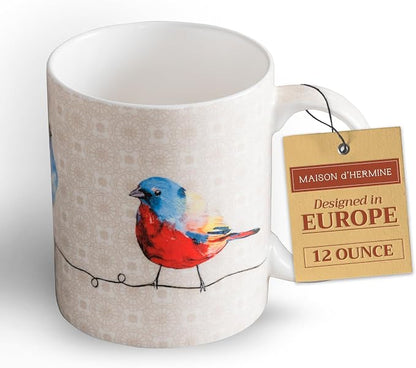 Maison d' Hermine Coffee Mug with Handles Tea Cups (12 Ounce, Pack of 1) | Fine Bone China Coffee Mugs for Hot Beverages Cappuccino Latte Home Restaurant Hotel Spring Summer -Birdies on Wire - Robin