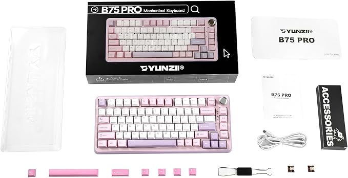 YUNZII B75 PRO 75% Wireless Mechanical Keyboard (Purple, Milk Switch) | Hot Swap Keyboard with Knob, Gasket Mount, Creamy Pre-lubed Switch for Smooth Typing, BT/USB-C/2.4G, for Gaming