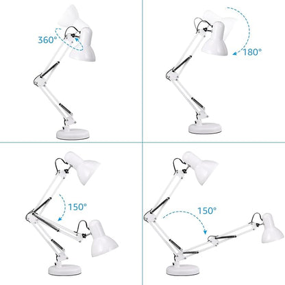 TORCHSTAR Metal Desk Lamp, Adjustable Swing Arm, E26, White | Architect Gooseneck Multi-Joint Clip Table Lamp with Plastic Clamp, for Home Office, Work, Study, Reading, Bulbs not Included
