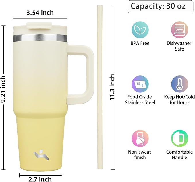 Konokyo 30 oz Insulated Tumbler Water Bottle with Handle, Straw Lid | BPA-free and dishwasher safe; made for gym, travel, coffee and gifting, 2 straws, cup holder friendly,Lemon