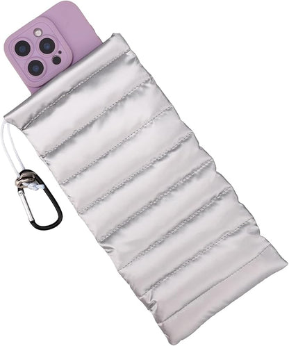Lyreh Thermal Phone Pouch, Down Cotton Warm Phone Case Cover Bags Prevents Freezing & Overheating Protector Cellphone Pouch with Carabiner for Outdoor Camping Hiking Skiing (Silver)