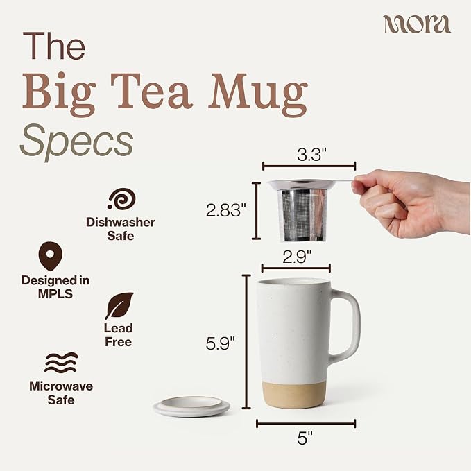 MORA Ceramics Large Tea Mug with Loose Leaf Infuser and Ceramic Lid, 18 oz, Portable, Microwave, Dishwasher Safe, Tall Coffee Cup - Rustic Matte Ceramic Glaze, Modern Herbal Tea Strainer, Dawn
