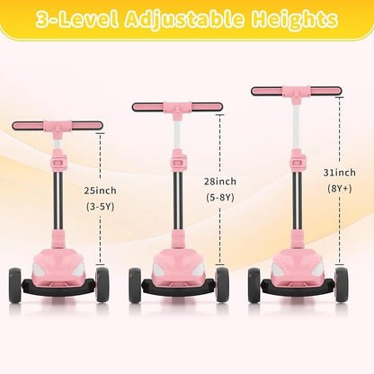 SIMATE Electric Scooter for Kids Ages 3+, 3 Wheel Balance Scooter, 3 Adjustable Heights, Foldable & LED Display & Thumb Throttle, Long Battery Life, Full Body Lights Up, Gift for Kids Boys Girls