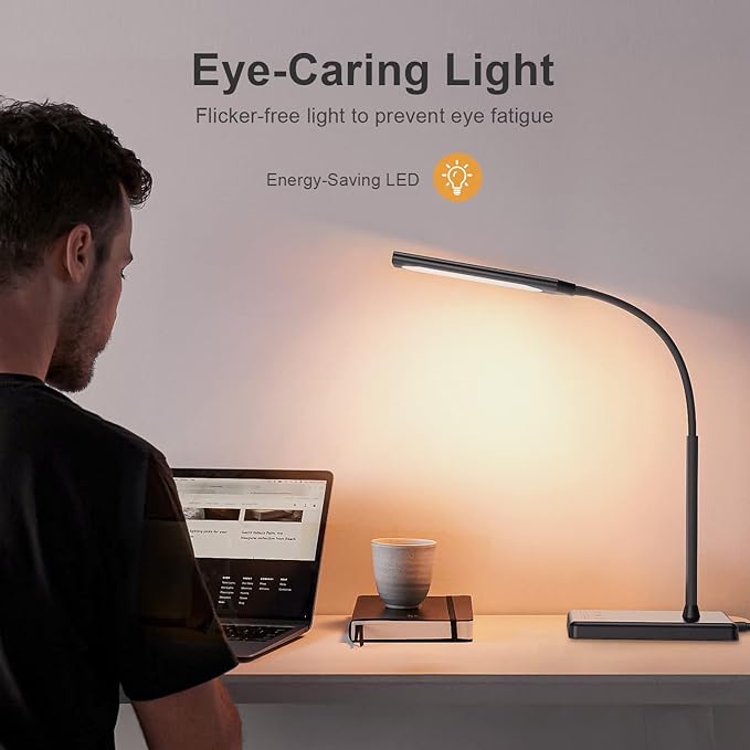 KEXIN LED Desk Lamp Touch Control Desk Lamp with USB Charging Port 5 Color Modes 6 Brightness Levels Dimmable Eye-caring Office Lamp with Memory Function 1h Timer Adjustable Gooseneck Table Lamp Black