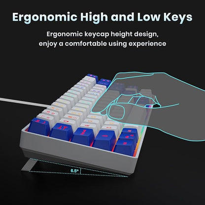 GEODMAER 65% Gaming Keyboard, LED Backlit Mini Wired Keyboard, Ultra-Compact Anti-Ghosting No-Conflict 68 Keys Membrane Gaming Wired Keyboard for PC Laptop Windows Gamer(White-Blue)