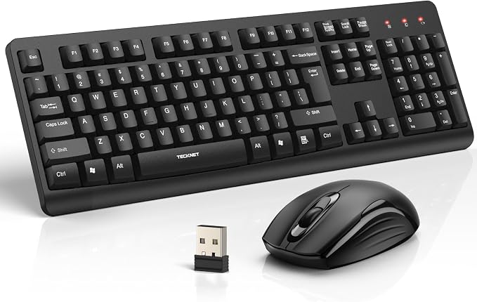 TECKNET Wireless Keyboard and Mouse Combo, Full-Size Ergonomic Keyboard & Optical Mouse, Low-Noise Typing & Clicking,Long Battery Life,Spill-Resistant,2.4G Lag-Free USB Receiver for PC,Laptop,Computer