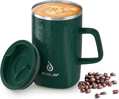 Ideus 16oz Insulated Stainless Steel Coffee Mug with Lid Leopard Dark Green | Perfect for home, office, or daily use| Easy to clean wide mouth| Sweat-proof| On the go