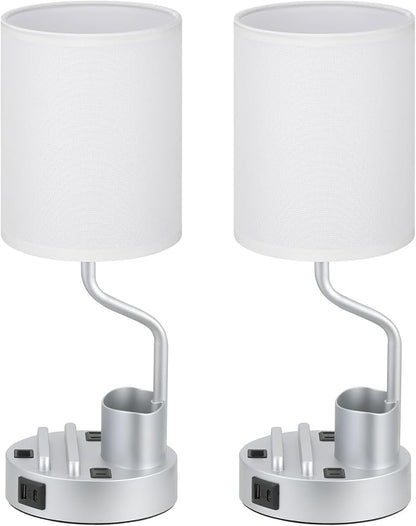 Fenmzee Bedside Lamps for Bedroom Set of 2 - Table Desk Lamp for Nightstand | 15" Table Lamp for Living Room with Pen Holder & Phone Stand, USB A+C Port, AC Outlet, 3 Color Temperature, LED Bulb Included