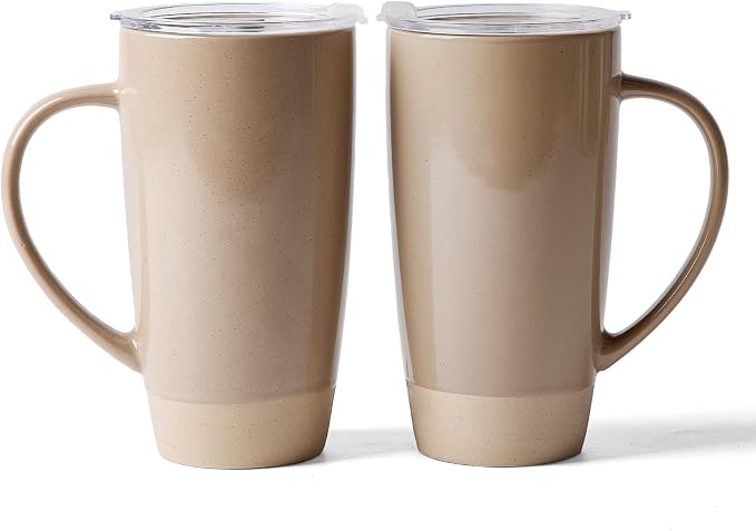 famiware Milkyway Coffee Mugs, 20oz Large Coffee Mug, Ceramic Mug Set of 2 with Lid, Cup Set with Handle for Latte, Tea, Cocoa, Milk, Home & Office, Cinnamon Brown
