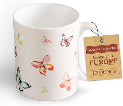 Maison d' Hermine Coffee Mug with Handles Tea Cups (12 Ounce, Pack of 1) | Fine Bone China Coffee Mugs for Hot Beverages Cappuccino Latte Home Restaurant Spring Summer -Botanical Fresh - Butterflies