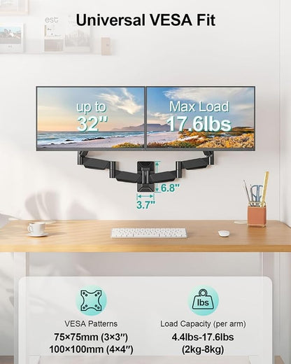 Long Arm Dual Monitor Wall Mount, Gas Spring Wall Monitor Arm for 17-32" Screens, 27.1" Extra Long Monitor Mount, Holds up to 17.6 lbs Each, Full Motion VESA Mount, 75/100, Black