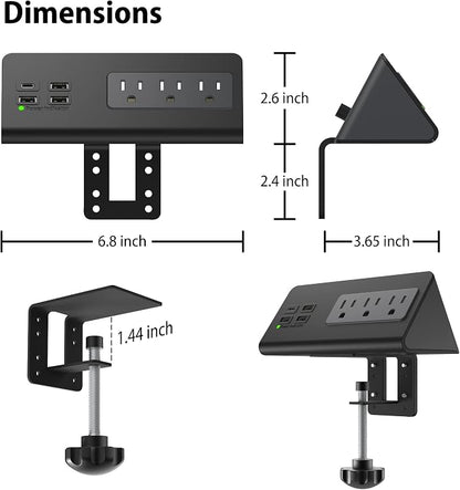 Nightstand Edge Mount Power Strip with USB-C Ports Tabletop Surge Protector Desk Clamp Power Sockets with 3 AC Outlets &4 Fast Charging USB Ports for Home Office Hotel and Dormitory (Black(2-Pack))