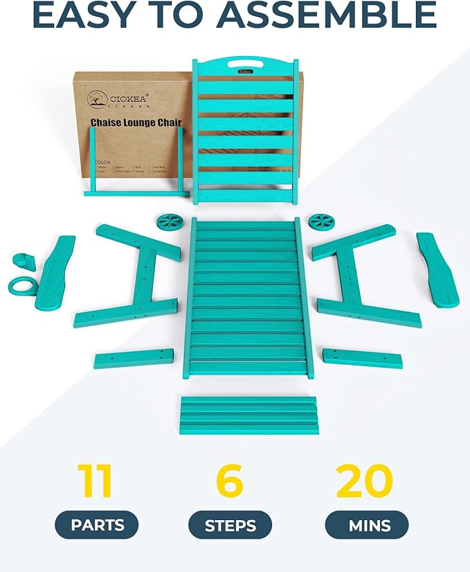 Outdoor Lounge Chair Set of 4, All Weather Patio Chaise Lounge Chair for Outside, HDPE Chair with Rolling Wheels & Cup Holder, 5 Position, Deck, Pool, Lake Blue