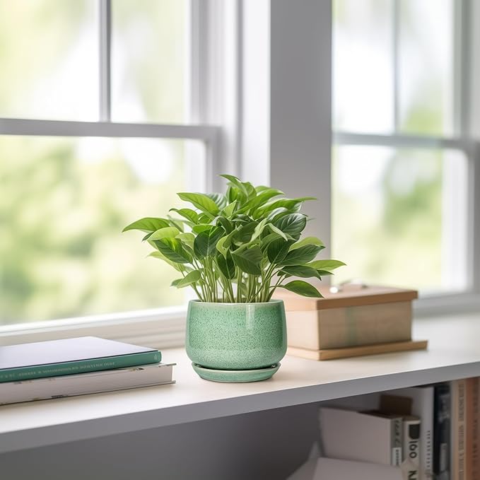 G EPGardening Ceramic Plant Pot - 4 inch Plant Pots with Drainage Hole & Saucer, Small Pots for Plant Indoor Outdoor, Modern Round Planter, Decorative Flower Pot, Room Decor, House Warming Gift, Green