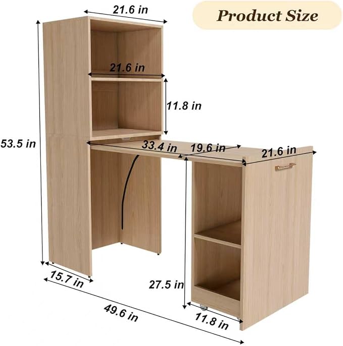 Foldable Expandable Desk Cabinet with Storage Shelves, Rolling Caster Base, Magnetic Closure, Retractable Workstation Unit for Small Spaces, Home Office Study Writing Table Organizer (Natural Wood)