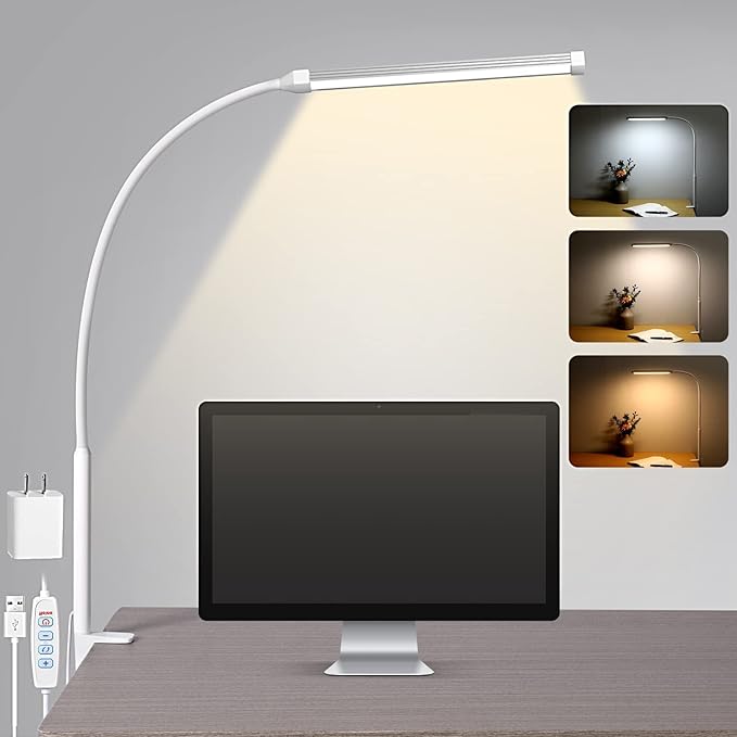 Voncerus LED Desk Lamp with Clamp, Eye-Caring Clip on Lights for Home Office, 3 Modes 10 Brightness, Long Flexible Goose-Neck, Metal, Swing Arm Architect Task Table Lamps with USB Adapter, White | 3 Modes 10 Brightness, Long Flexible Goose-Neck, Eye-Ca...
