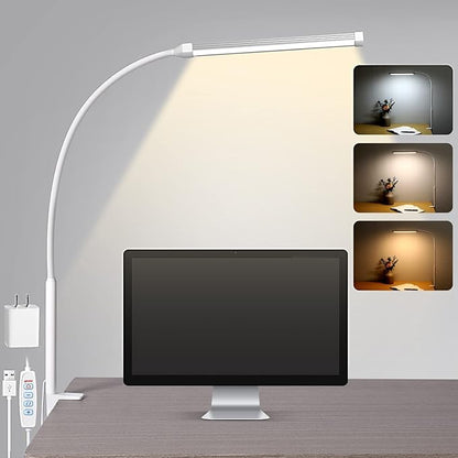 Voncerus LED Desk Lamp with Clamp, Eye-Caring Clip on Lights for Home Office, 3 Modes 10 Brightness, Long Flexible Goose-Neck, Metal, Swing Arm Architect Task Table Lamps with USB Adapter, White | 3 Modes 10 Brightness, Long Flexible Goose-Neck, Eye-Ca...