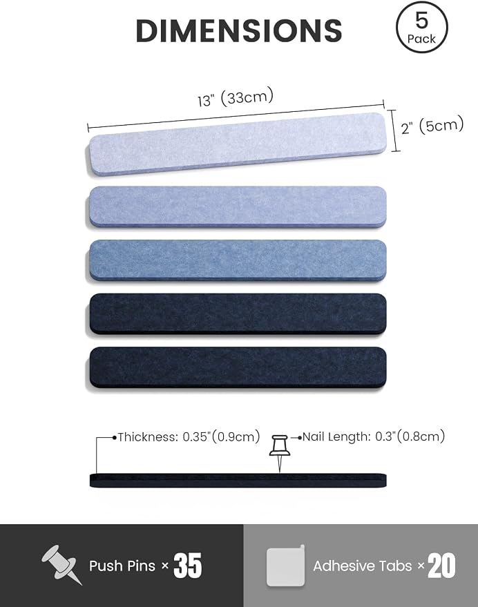 Fluxynara 13" x 2" Felt Wall Panels, Denim Mist | 5-Pack Cork Board Alternative with 35 Push Pins, Adhesive Mounting for Bedroom Door or Home Office