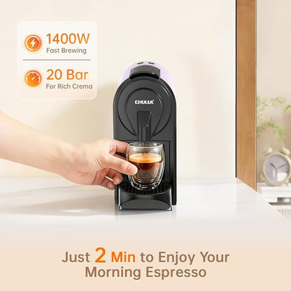 CHULUX Bafè-Pro 20Bar Espresso Coffee Machine for Fast Extraction, Lavender | 1400W Rapid Heating, Espresso Lungo Buttons, Used Capsule Drawer, Auto-Eject System, 24oz Removable Reservoir, Mini Footprint