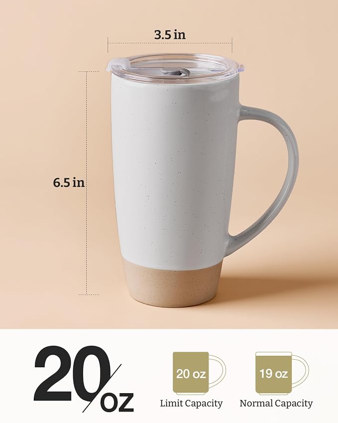 famiware Milkyway Coffee Mugs, 20oz Large Coffee Mug, Ceramic Mug Set of 2 with Lid, Cup Set with Handle for Latte, Tea, Cocoa, Milk, Home & Office, Light Gray